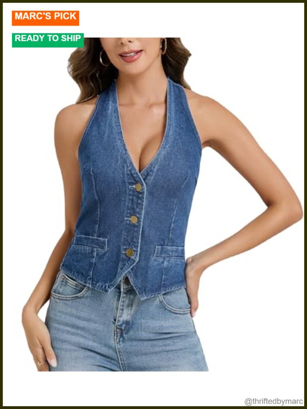 Denim Halter Vest Top V Neck Back Tie Jean Corset Crop
